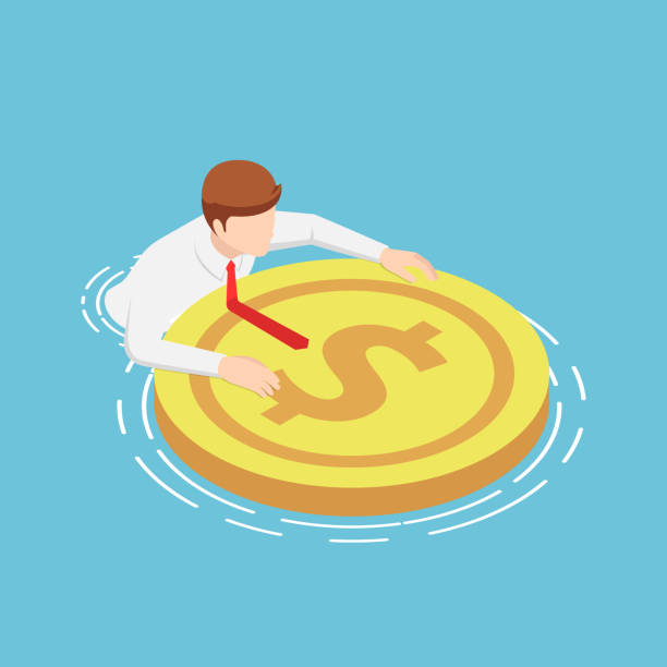 ilustraciones, imágenes clip art, dibujos animados e iconos de stock de los empresarios isométricos flotan en el agua con boyas de rescate de dólares - ahogar