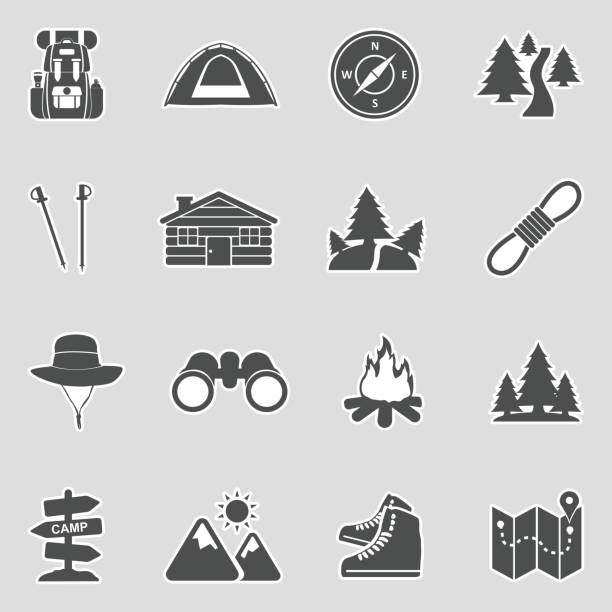 wander-icons. sticker-design. vector illustration. - forest woods hiking dirt road stock-grafiken, -clipart, -cartoons und -symbole