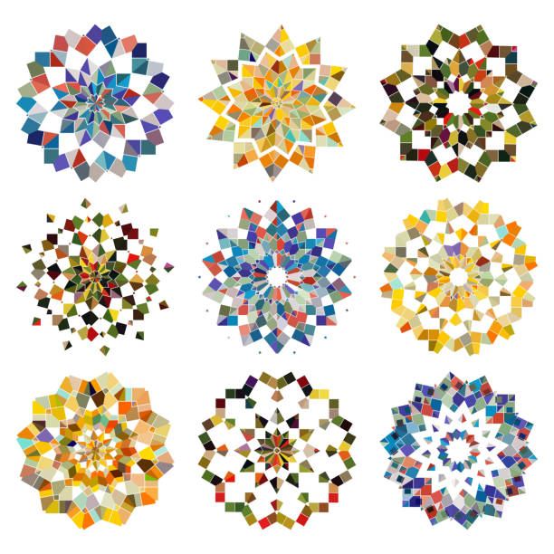 벡터 컬러풀한 모자이크 체크 패턴 만다라 컬렉션 - flower backgrounds tile floral pattern stock illustrations