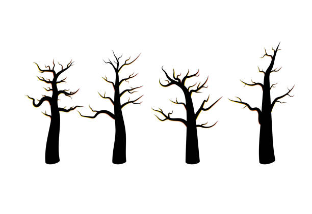 ilustraciones, imágenes clip art, dibujos animados e iconos de stock de vector de ilustración aislada de un fuego ardiente con un árbol - computer icon flame symbol black and white