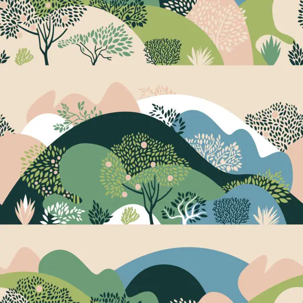 Vector illustration of Seamless pattern with hilly landscape, trees, bushes and plants. Growing plants and gardening. Protection and preservation of the environment. Earth Day. Vector illustration.