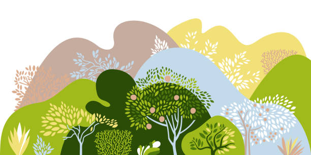 hügelige landschaft mit bäumen, sträuchern und pflanzen. anbauvon pflanzen und gartenarbeit. schutz und erhaltung der umwelt. tag der erde. vektor-illustration. - spring tree orchard forest stock-grafiken, -clipart, -cartoons und -symbole