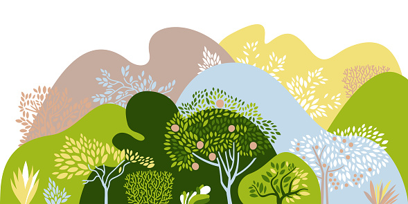 Hilly landscape with trees, bushes and plants. Growing plants and gardening. Protection and preservation of the environment. Earth Day. Vector illustration.