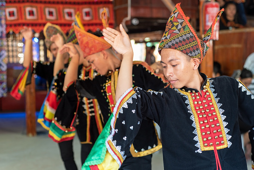 Kota Kinabalu, Malaysia - May 31, 2019: Kadazan Dusun borneo native dancing performance during state level Harvest Festival in KDCA, Kota Kinabalu, Sabah Malaysia.