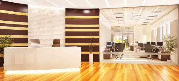 modern open office with reception and glass partition - hotel desk reception imagens e fotografias de stock