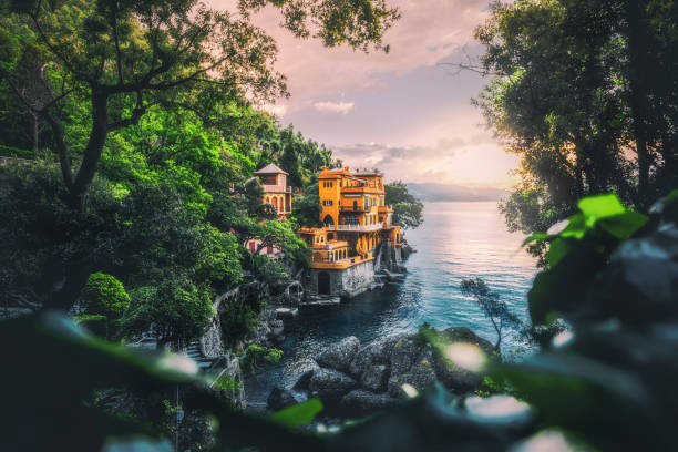 Portofino, Italy Beautiful nature landscape, seacoast with colorful houses at summer sunset time in Portofino, Italia portofino photos stock pictures, royalty-free photos & images