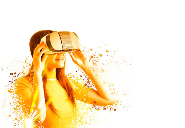 istock Young woman in virtual glasses consisting of pixels 1153018533