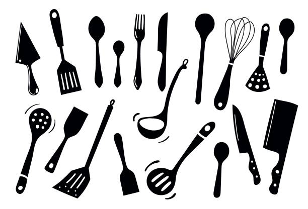 lets cook - kuchnia sylwetka doodle zestaw ikon wektorowych - spoon vegetable fork plate stock illustrations