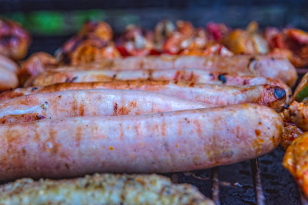 istock Bratwurst with shashlik and bacon on the grill 1153024400