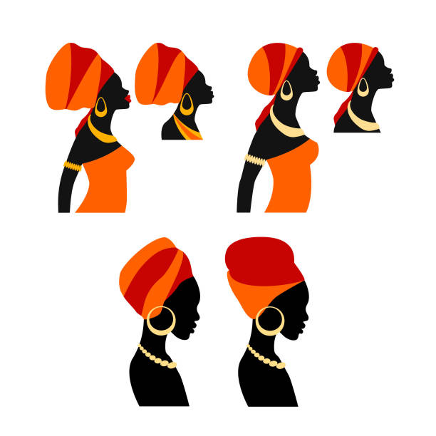 Portrait beautiful African woman in traditional turban Portrait beautiful African woman in traditional turban. Face Woman Silhouette icon vector. Black women vector silhouette isolated with traditional earrings and necklace. ear piercing clip art stock illustrations