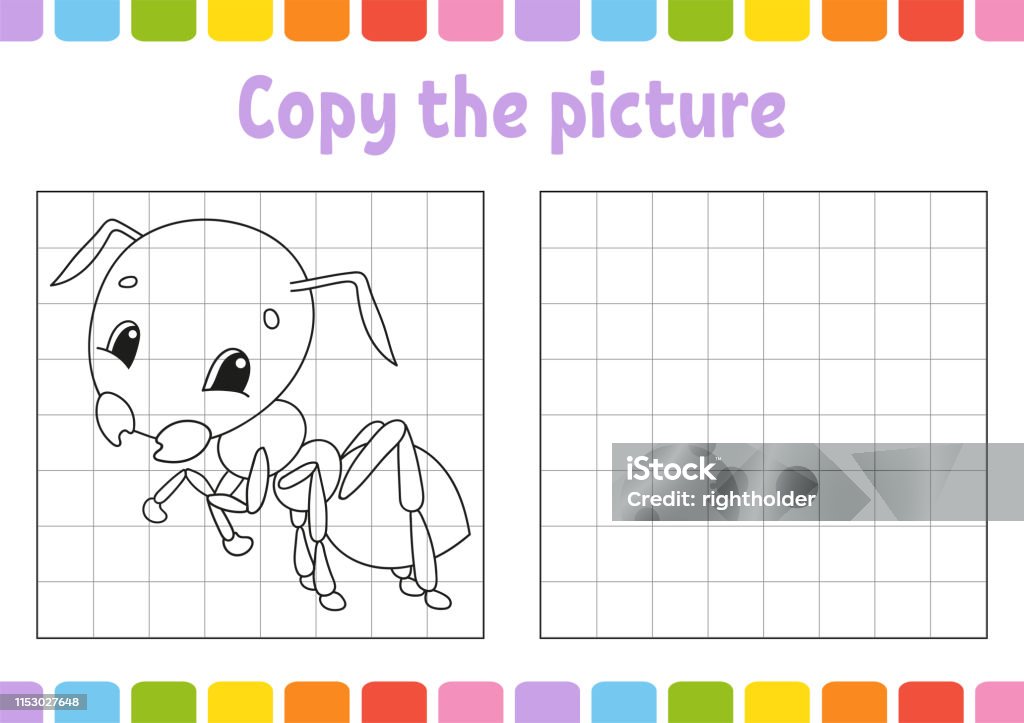 Copy the picture. Coloring book pages for kids. Education developing worksheet. Game for children. Handwriting practice. Funny character. Cute cartoon vector illustration. Activity stock illustration