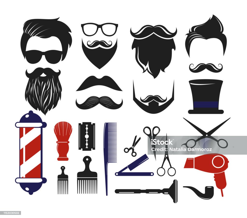 Vector Illustration Set Of Barber Shop Icons Elements For Man S Haircut  Salon Logos Men Hipster Haircuts Scissors Scallops Glasses Beard Mustache  Isolated On White Background Stock Illustration - Download Image Now -
