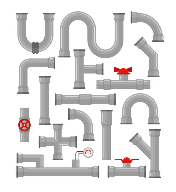 Vector illustration set of pipes different types isolated on white background. Water tubes, elements for gas valve construction, oil industrial concept in flat style. Vector illustration set of pipes different types isolated on white background. Water tubes, elements for gas valve construction, oil industrial concept in flat style pvc flange stock illustrations
