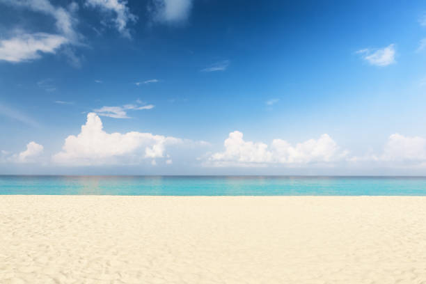 wave of sea on sand beach. - horizon over water white green blue imagens e fotografias de stock