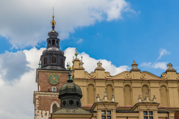 Krakow Poland. April 2019. A view of Cloth Hall in the medieval old town square in Krakow. Krakow Old Town is the historic central district of Krakow, Poland It is one of the most famous old districts in Poland.The entire medieval old town is among the first sites chosen for the UNESCO's original World Heritage List.