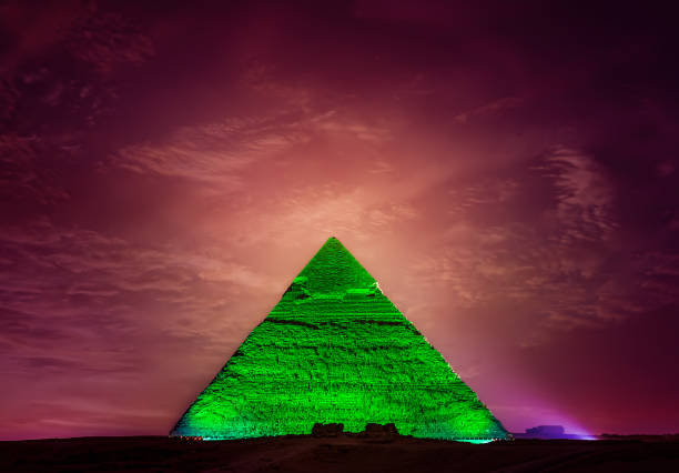 Illuminated pyramid of Khafre at night in Giza, Cairo