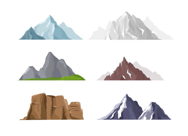 벡터 일러스트 레이 션 평면 만화 스타일에서 산 아이콘 세트. 다른 산과 언덕 컬렉션 흰색 배경에 고립. - european alps mountain mountain peak rock stock illustrations
