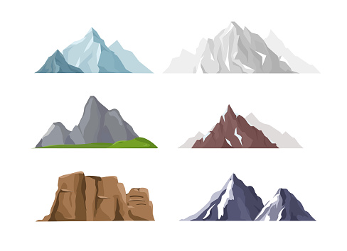 Vector illustration set of mountain icons in flat cartoon style. Different mountains and hills collection isolated on white background