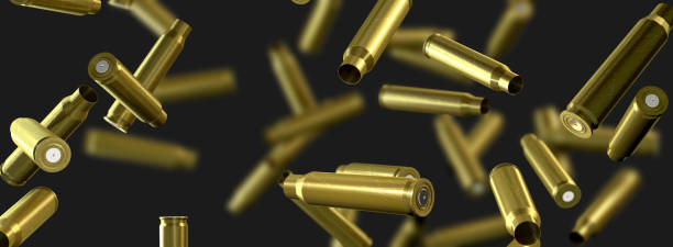 ammunition cartridge case of a machine gun flying through the air - 3d illustration - bullet ammunition rifle gun imagens e fotografias de stock