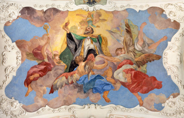 praga-o barroco ceilinig fresco de santo agostinho entre os anjos na igreja kostel svatého tomáše por václav vavřinec reiner (1689-1743). - augustine - fotografias e filmes do acervo