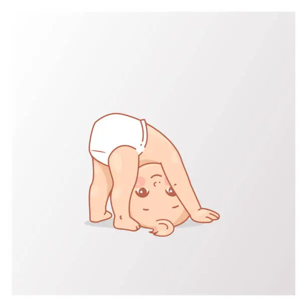 Vector illustration of Cute little baby in diaper stand on  head