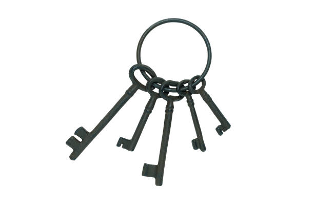 istock Old fashioned keys on keyring isolated on white 1153047444