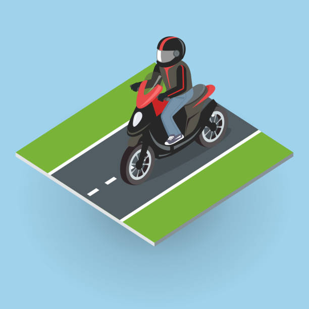 Motor Bike on the Road. Top View Motor bike on the road. Top view on motorized bicycle. Flat 3d isometric high quality city moped design. Motorcycle or autobike dirtbike . Part of series of city isometric. Vector illustration helicopter free drawing stock illustrations