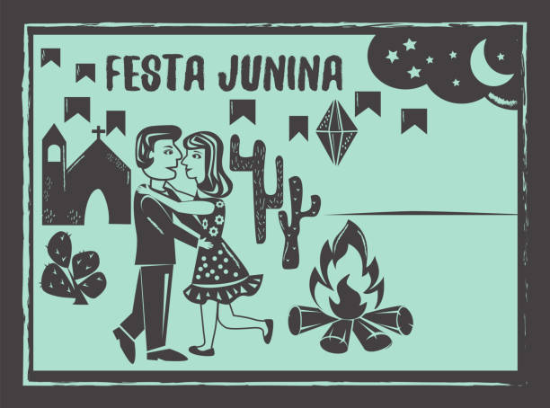 festa junina hintergrundvektor. niedliches paar tanzen. - holzschnitt stock-grafiken, -clipart, -cartoons und -symbole