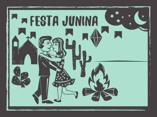 illustrations, cliparts, dessins animés et icônes de festa junina vecteur de fond. danse de couples mignons. - gravure sur bois