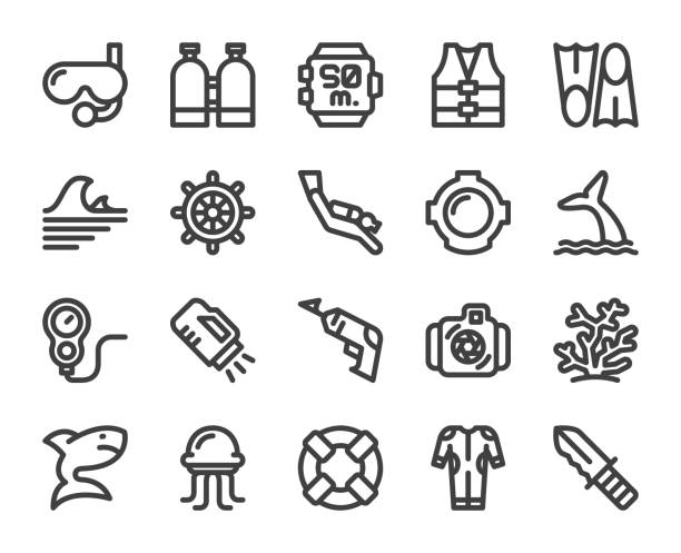 Scuba Diving and Snorkeling - Bold Line Icons Scuba Diving and Snorkeling Bold Line Icons Vector EPS File. harpoon stock illustrations