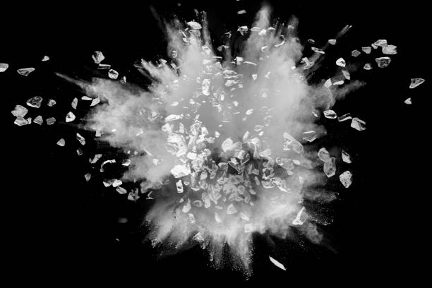 istock Gray rocks splatter in white powder background. Split debris of stone caused by explosion against black background. 1153056916