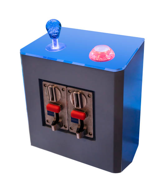 istock Joystick or arcade controller with coin acceptor in blue and red color scheme isolated on white. 1153056939