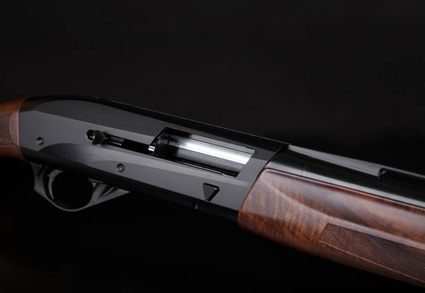 istock semi-automatic shotgun with a wooden butt and forearm on black back