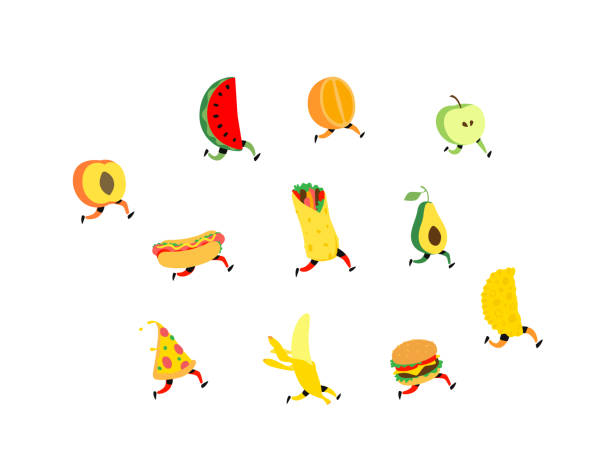 Illustration of fruit and fast food. Vector. Characters hamburger, pizza, hot dog, shawarma. Cute apple, avacado, watermelon, banana, orange peaches with feet. Lively organic foods. Items for the menu. Illustration of fruit and fast food. Vector. Characters hamburger, pizza, hot dog, shawarma. Cute apple, avacado, watermelon, banana, orange peaches with feet. Lively organic foods. Items for the menu. apple pie cheese stock illustrations