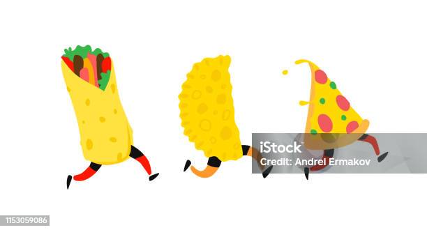 Fast Food Illustration Vector Characters Pizza Shawarma Cheburek Items For Menu Restaurant Cafe Tasty Food Stock Illustration - Download Image Now