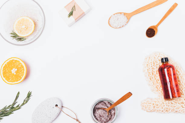 istock Flat lay frame of natural cosmetics and bath accessories 1153061250