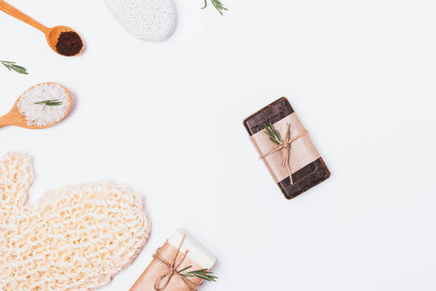 istock Flat lay bathroom background of natural cosmetics 1153061316
