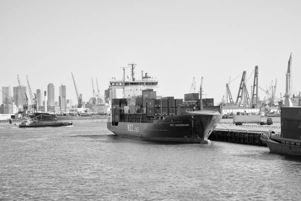 Rotterdam, The Netherlands. April 2019. Container cargo handling and docked ships in the Rotterdam Waalhaven, largest dug harbor basin in the world, directly connected with the North Sea.