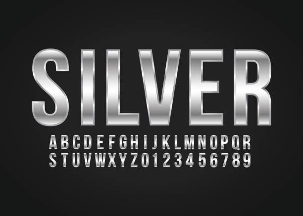 schriftgetiff-alphabet und nummern-silber-effekt-vektor - silber stock-grafiken, -clipart, -cartoons und -symbole