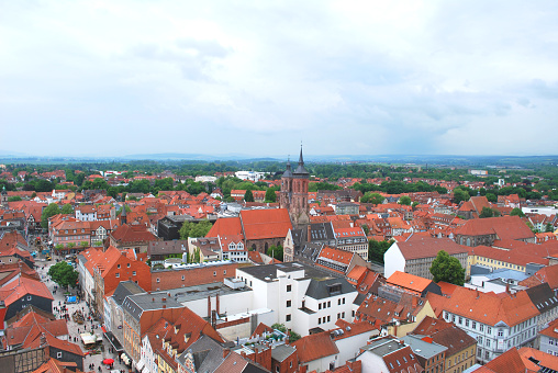 Goettingen, Lower Saxony, Germany - May 29, 2013: The aerial panorama view of the historical center of Goettingen