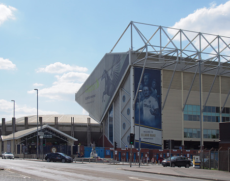 leeds, west yorkshire, united kingdom - 16 may 2019: elland road football stadium the home of leeds united decorated with team scarves and shirts on the day after the championship playoffs on 15th may 2019