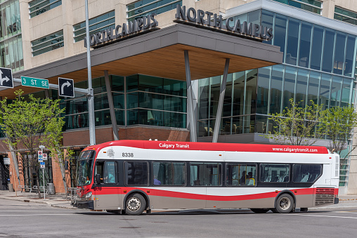 Calgary, Canada - May 26, 2019: Calgary transit bus in downtown Calgary, Alberta. Calgary transit is a major transportation provider.