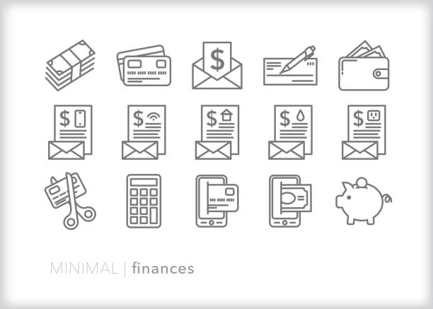 Personal finance and savings line icon set Set of 15 personal finance line icons showing concepts including debt, retirement, paying bills, savings, mobile pay, pay check, wallet, piggy bank and check book financial bill stock illustrations