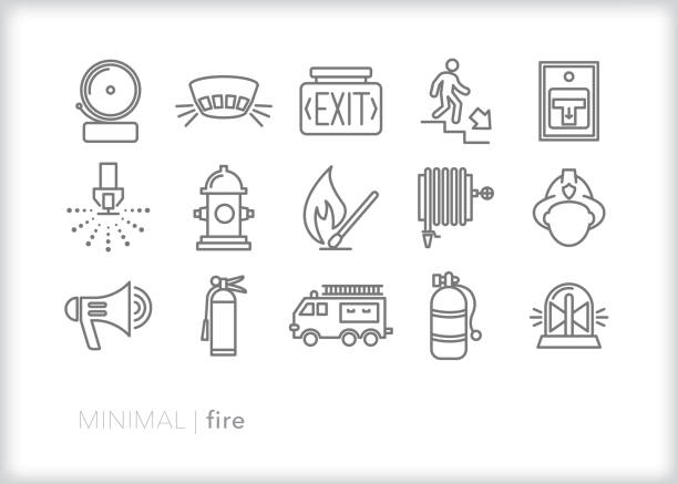 Fire safety line icon set Set of 15 fire safety line icons including alarm, smoke detector, exit sign, sprinkler, water hydrant, match, hose, fireman helmet, oxygen tank, fire truck and extinguisher fire hydrant stock illustrations