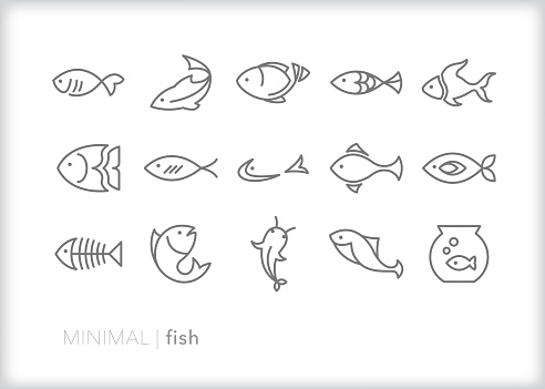 Set of 15 fish line icons of various types of ocean and fresh water fish including tropical, minnow, catfish, bass, abstract fish, pet fish, fish skeleton