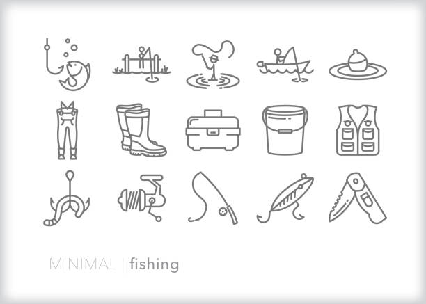 Fishing for recreation or sport line icons Set of 15 fishing line icons of fishing pole, reel, hook, dock, fly fishing, tackle, bait, bob, waders, boots, vest and boat fishing hook illustrations stock illustrations