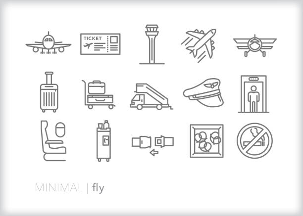 Plane, flight, airplane and flying line icons Set of 15 flying line icons for air travel including plane, boarding pass, air traffic control, suitcase, luggage cart, pilot's hat, scanner for security, airplane seat, beverage cart, seat belt and snack airport icons stock illustrations