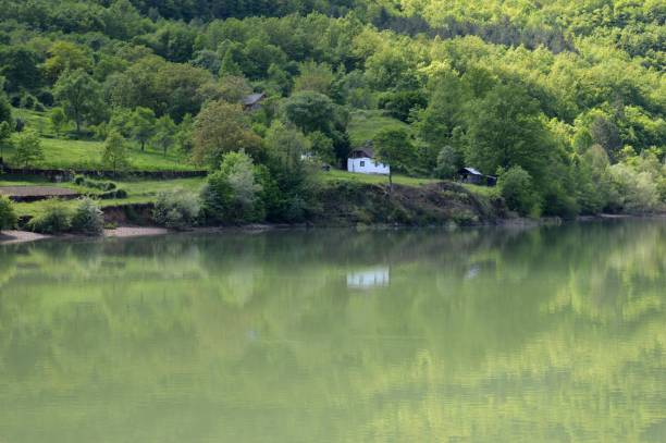 istock reflection of coastline in the lake 1153074712