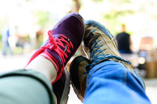 Stretch a few brown and purple sneakers together