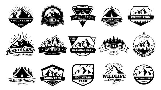 Outdoors nature badges. Adventure emblem, vintage wilderness label and outdooring camping badge vector illustration set Outdoors nature badges. Adventure emblem, vintage wilderness label and outdooring camping badge. Mountain tourism, forest adventure patches. Vector illustration isolated icons set wilderness stock illustrations